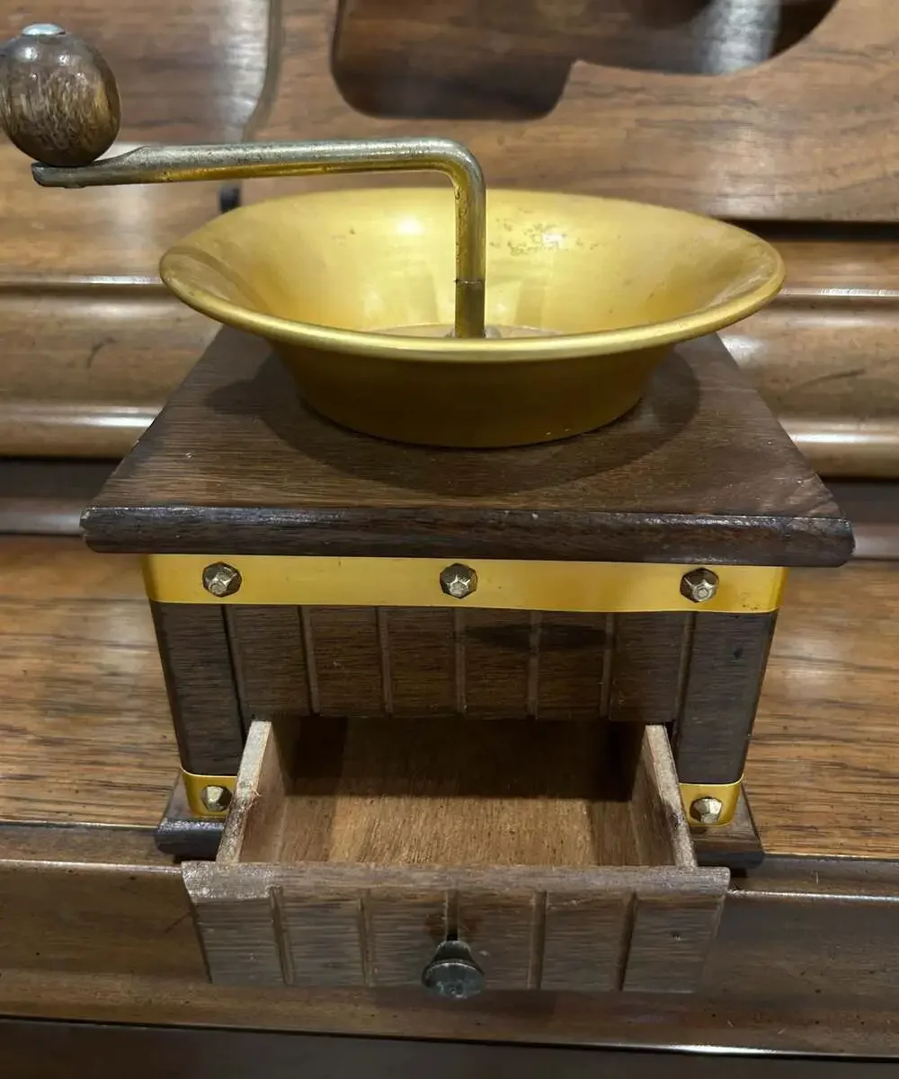 Vintage Wooden Coffee Grinder Hand Crank Mill with Brass Tone Top and Drawer